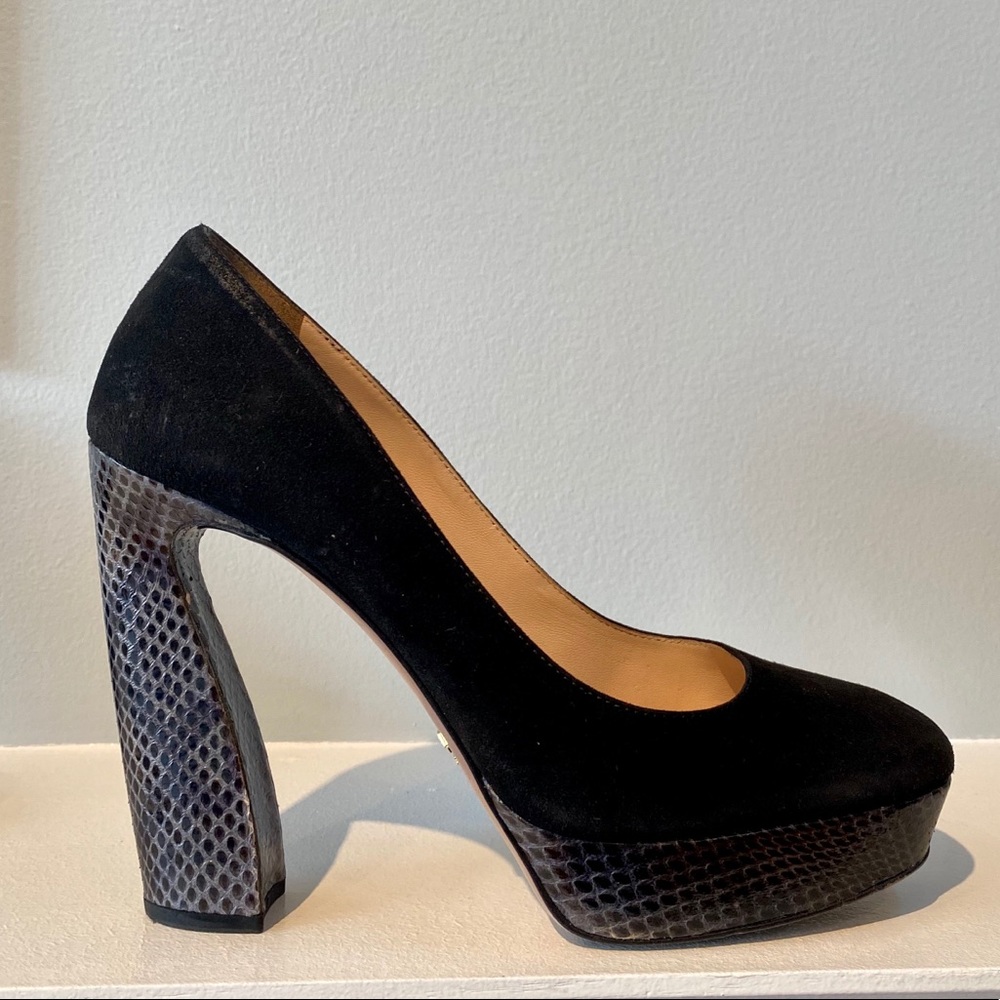 Prada Black Suede & Blue Snake Platform Heels